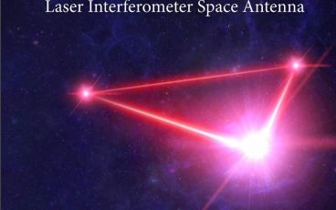 Cover of the LISA proposal document showing a representation of the triangular pattern of the planned LISA spacecraft with Earth in the background and a starry field in the far background. The title reads "LISA: Laser Interferometer Space Antenna". The subtitle is "A proposal in response to the ESA call for L3 mission concepts" At the bottom reads: "Lead Proposer: Prof. Dr. Karsten Danzmann"