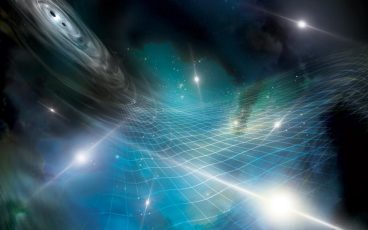 Artist’s interpretation of an array of pulsars being affected by gravitational ripples produced by a supermassive black hole binary in a distant galaxy. Credit: Aurore Simonnet for the NANOGrav Collaboration