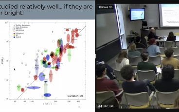 screenshot of zoom presentation of dissertation defense. Left-hand panel shows powerpoint slide with amazing M-sigma plot. Right-hand panel shows room where defense is happening.