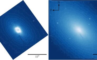 Two side-by-side blue-scale images of the lenticular galaxy NGC 5102, each overlaid with white contours of constant surface brightness and marked with north and east compass arrows and a 15-arcsecond scale bar. The left panel is a smaller, rotated high-resolution field showing a bright, mottled nucleus with visible dust structure. The right panel covers a wider field, showing the same galaxy as a smooth elliptical glow with concentric contours and a dark dust lane crossing just below the center.