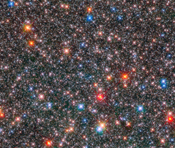 HST image of Milky Way Bulge Picture of a crowded field of stars some red, some blue of varying brightness