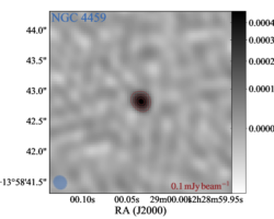 Radio map showing RA on x-axis and Dec on y-axis, centered on approximately 12h29m02s and +13deg58min43s. Label at top left indicates the source NGC 4459. Label at bottom right indicates contours are in steps of 0.1 mJy / beam. Gray scale ranges from below 0.0 to 0.0004 Jy. filled contour in bottom right indicates beam size is nearly circular with roughly 0.2 arcsecond beam size. At the center of the plot are several red contours and a dark grey unresolved point source.